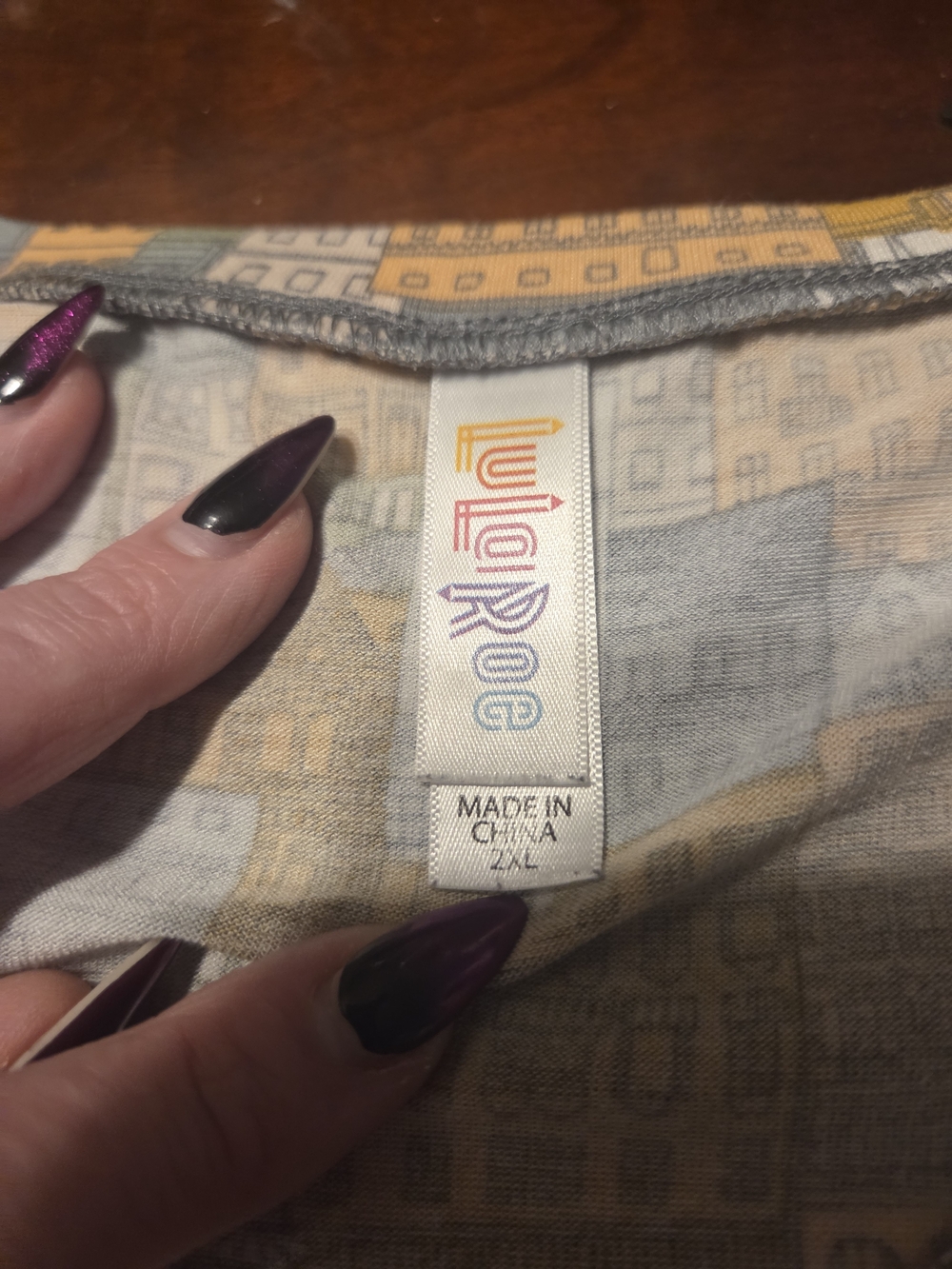 LuLaRoe Printed Top in Soft Gray and Mustard
